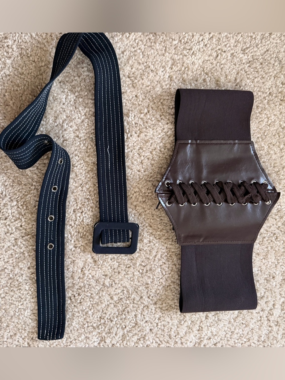 Women’s Elastic Corset Waist Belt with Black Webbing and Brown Leather Accent